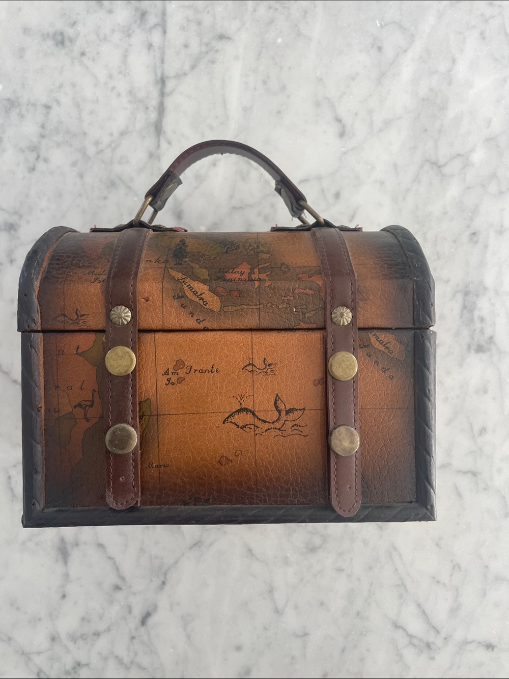 Brown Vintage Map Accent Chest with Leather Look Straps